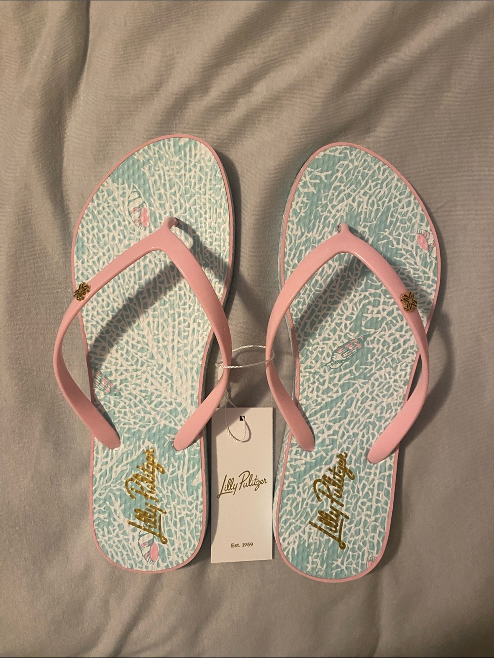 Lilly Pulitzer Pink Strap Flip Flops with Aqua Coral-Print Footbed